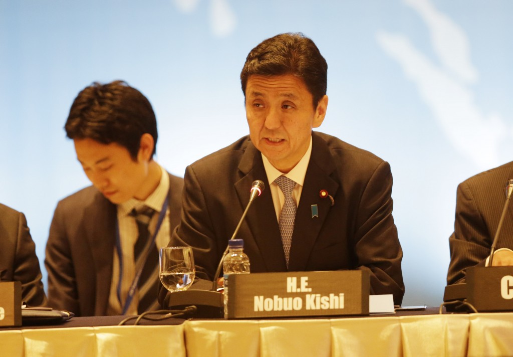 Japan Parliamentary Senior Vice Minister for Foreign Affairs Nobuo Kishi, delivers his speech during CTBT in Jakarta , Indonesia, Monday, May 19, 2014.